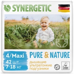 SYNERGETIC Pure & Nature Ultrathin Nəfəs ala bilən uşaq bezləri 4 Ölçü Maxi (7-18 kq) 42 ədəd.
