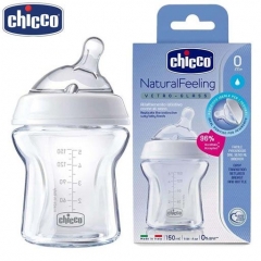 Chicco Natural Feeling şüşə 150ml. silikon əmzik 0m. + normal